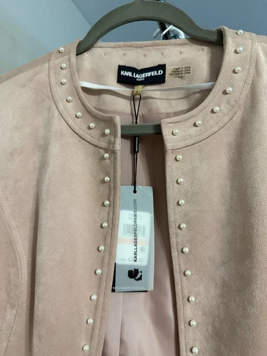 Karl Lagerfeld Blush Pink Pearl-Stud Suede Longline Coat - Picture 3 of 5